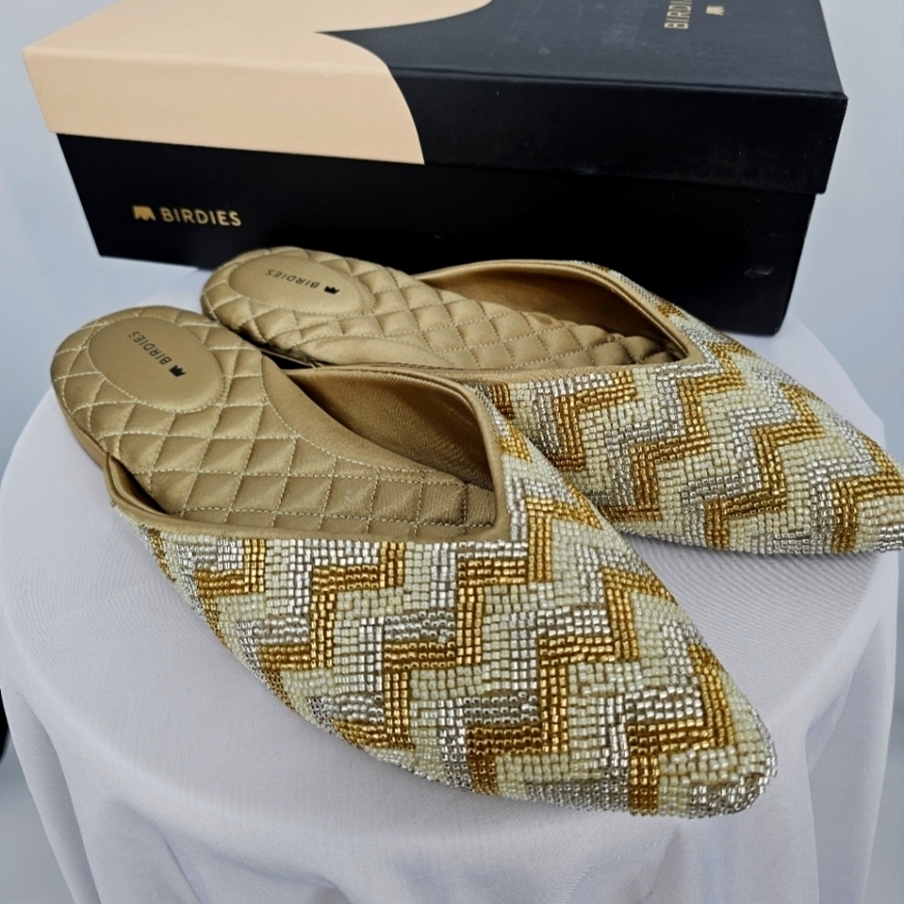 Birdies Gold and Silver Beaded Pointed Toe Flats